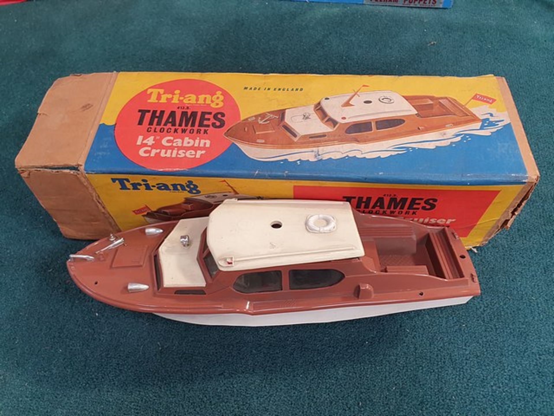 Tri-Ang 413.S. Thames Clockwork 14" Cabin Cruiser Complete In Box