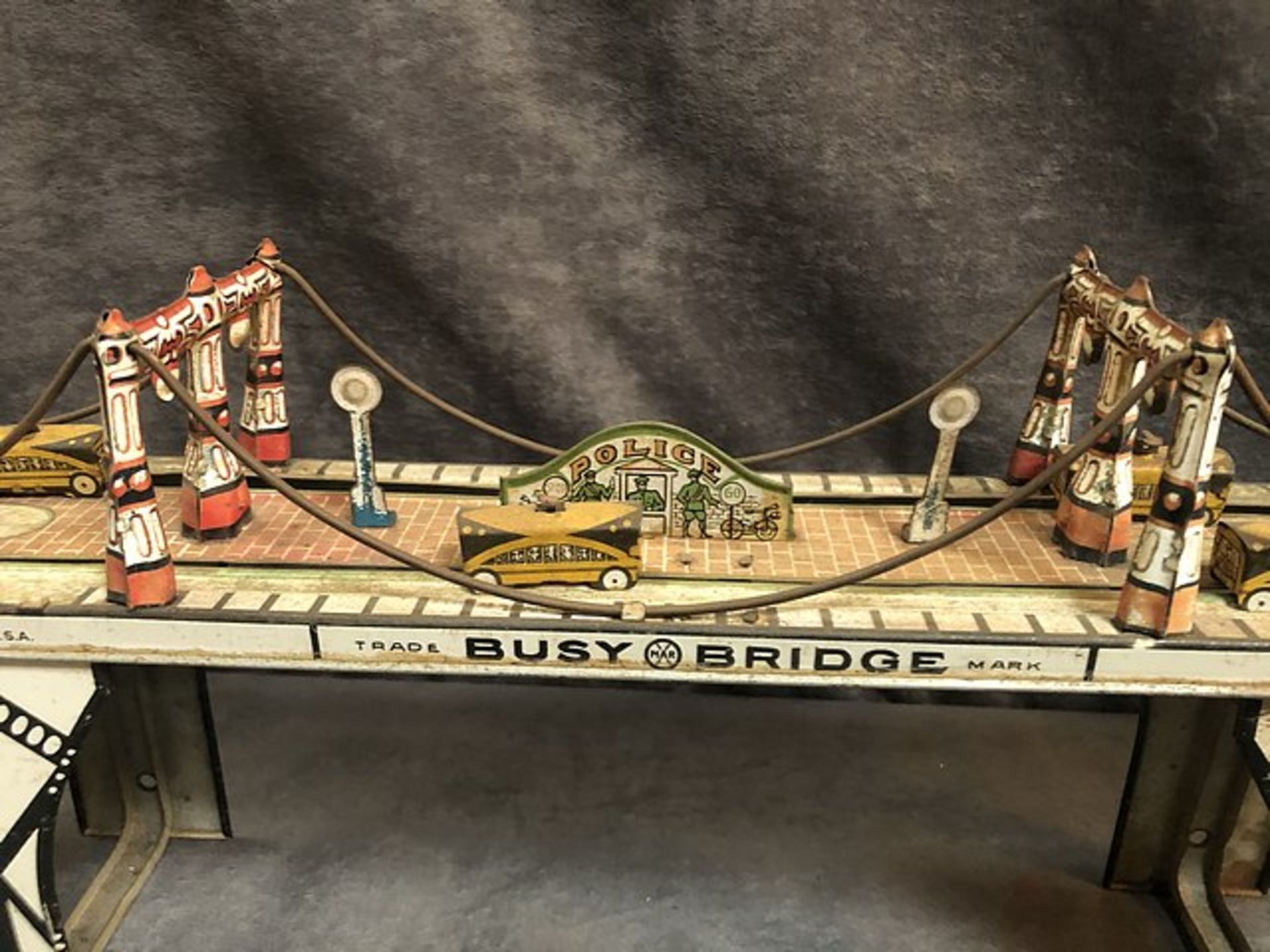 RARE Louis Marx & Co Lithograph Pressed Tin Busy Bridge Main Street Terminal - Image 3 of 4