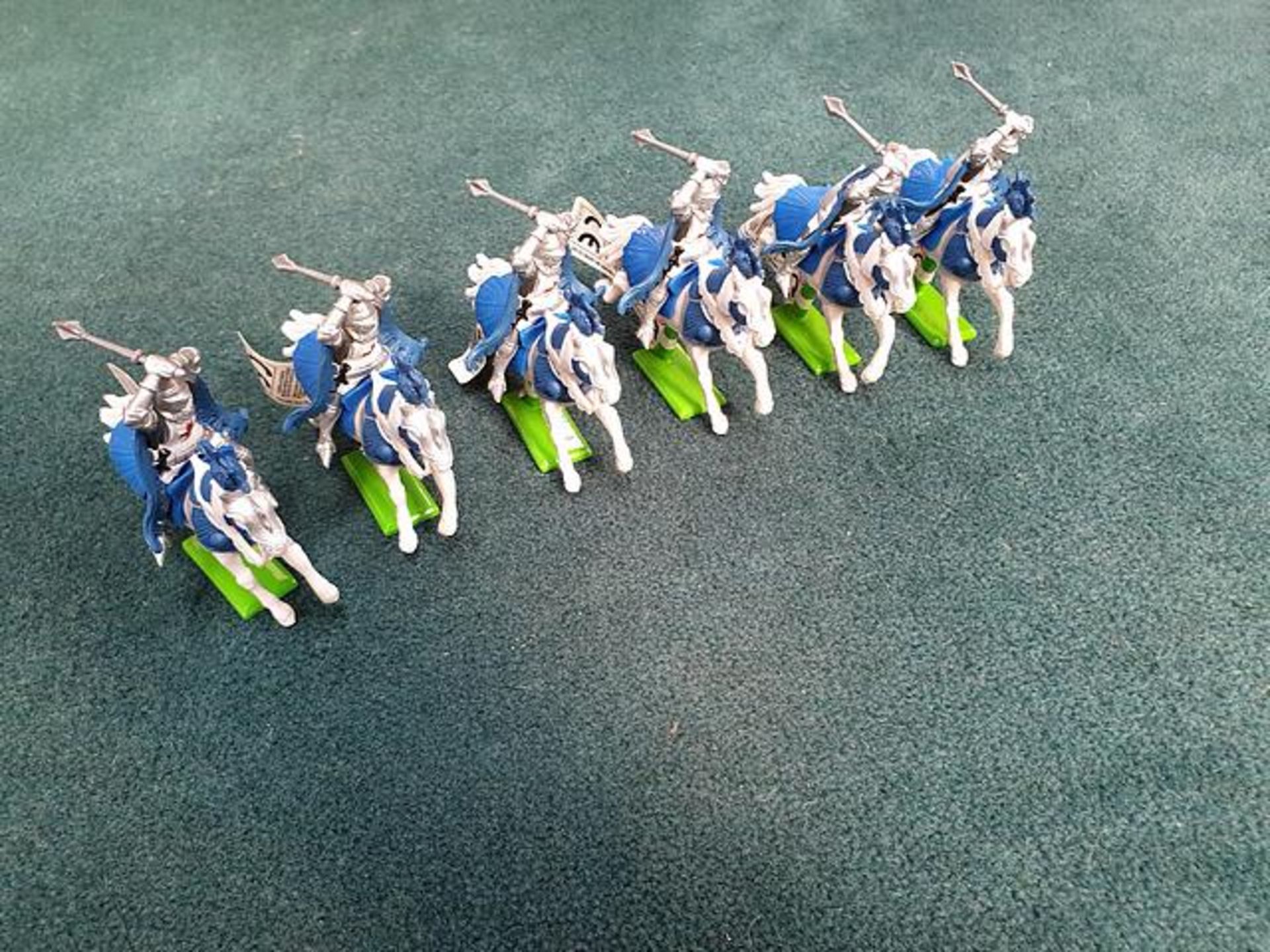 6 X Britains Mace Wielding Silver & Blue Knights On Horseback