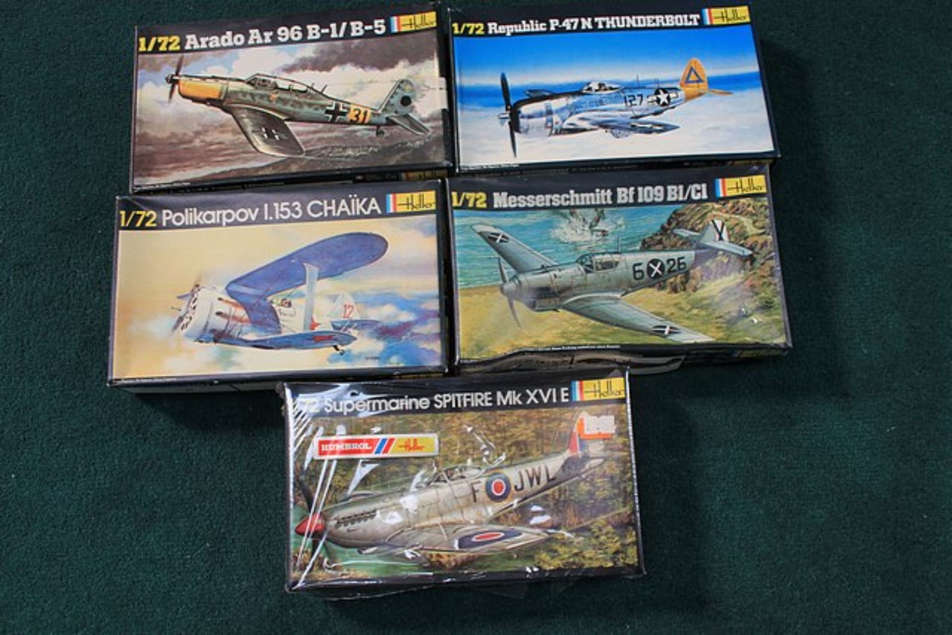 5 X Heller 1/72 Scale Kits Comprising Of #282 Supermarine Spitfire Mk XVI E.#80236 Messerschmitt