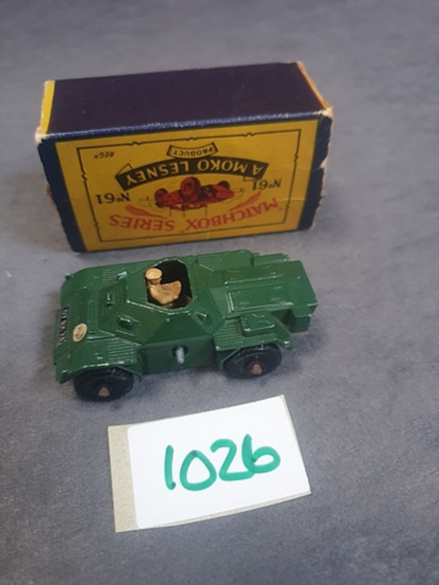 Matchbox Lesney Moko #61 Ferret Scout Car Completed With Box (Box Is Damaged