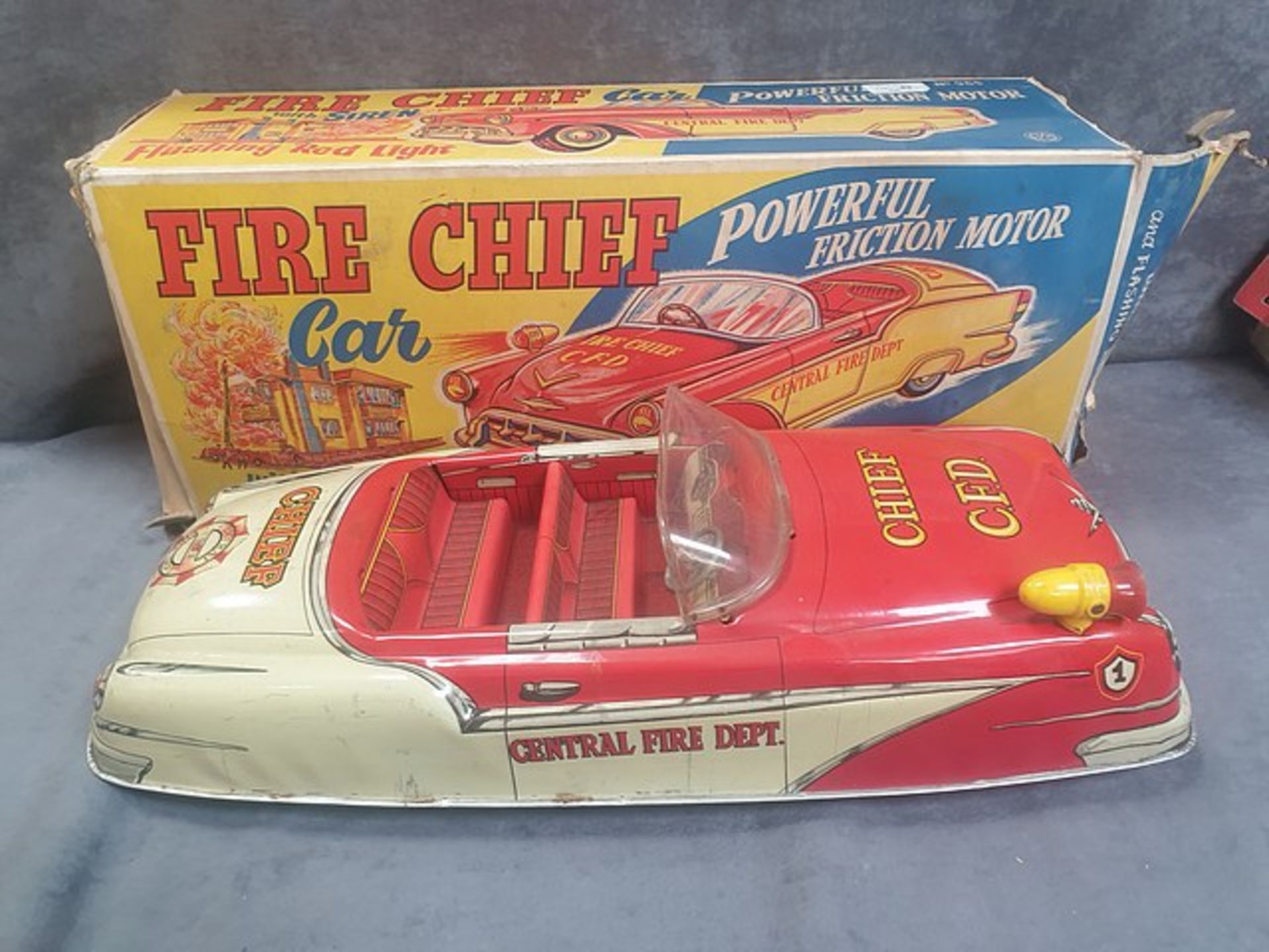 Marx Toys #965 Battery Operated Fire Chief Car With Siren, A Powerful Friction Motor And Flashing