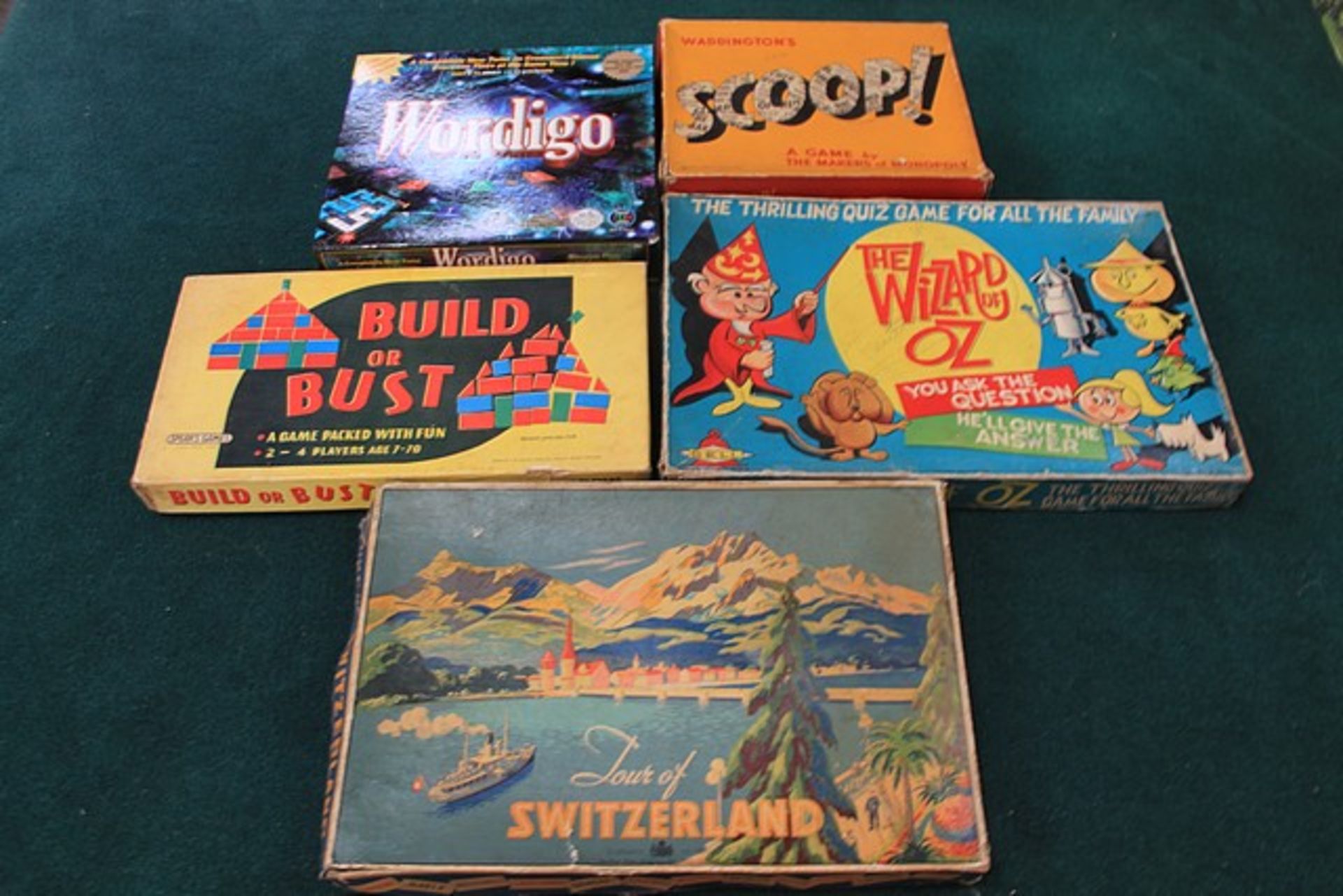 5 x Board Games Scoop Wordigo Build Or Bust Tour Of Switzerland & The Wizzard Of Oz All Boxed
