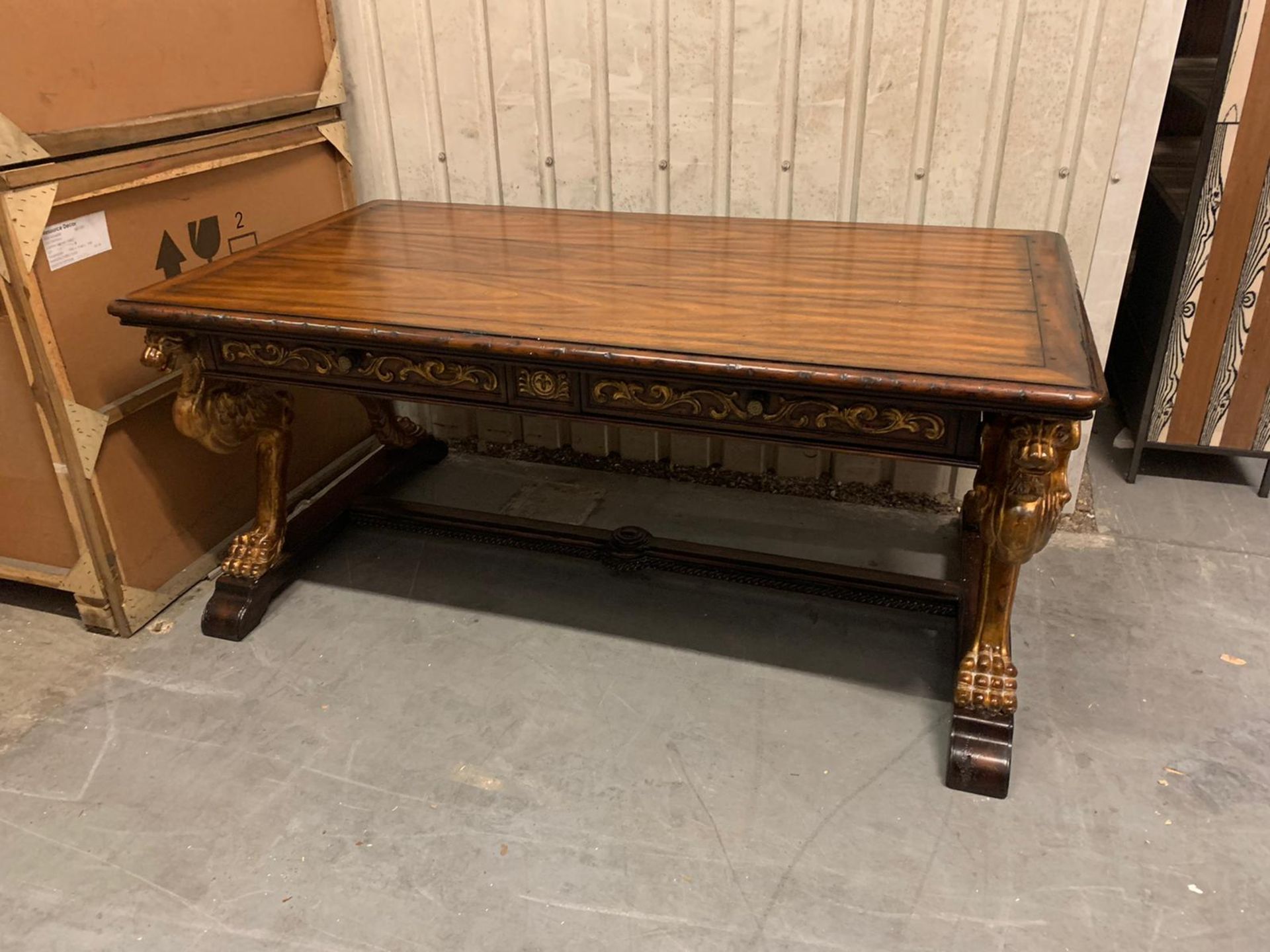 Griffin Library Table 100 Year Distressed Double Sided Library Desk With Aged Gilt Accents Planked - Image 4 of 5