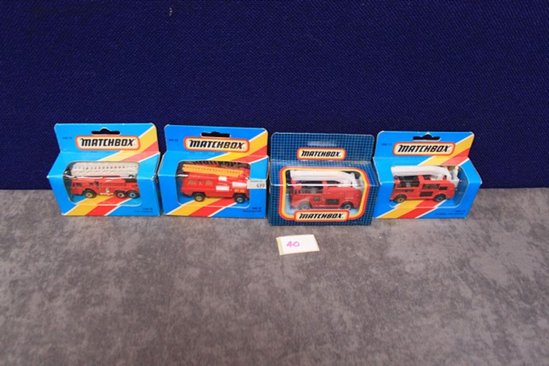 4x Matchbox Diecast Fire Engines All In Boxes, Comprising Of; Number 13 Snorkel Fire Engine Metro