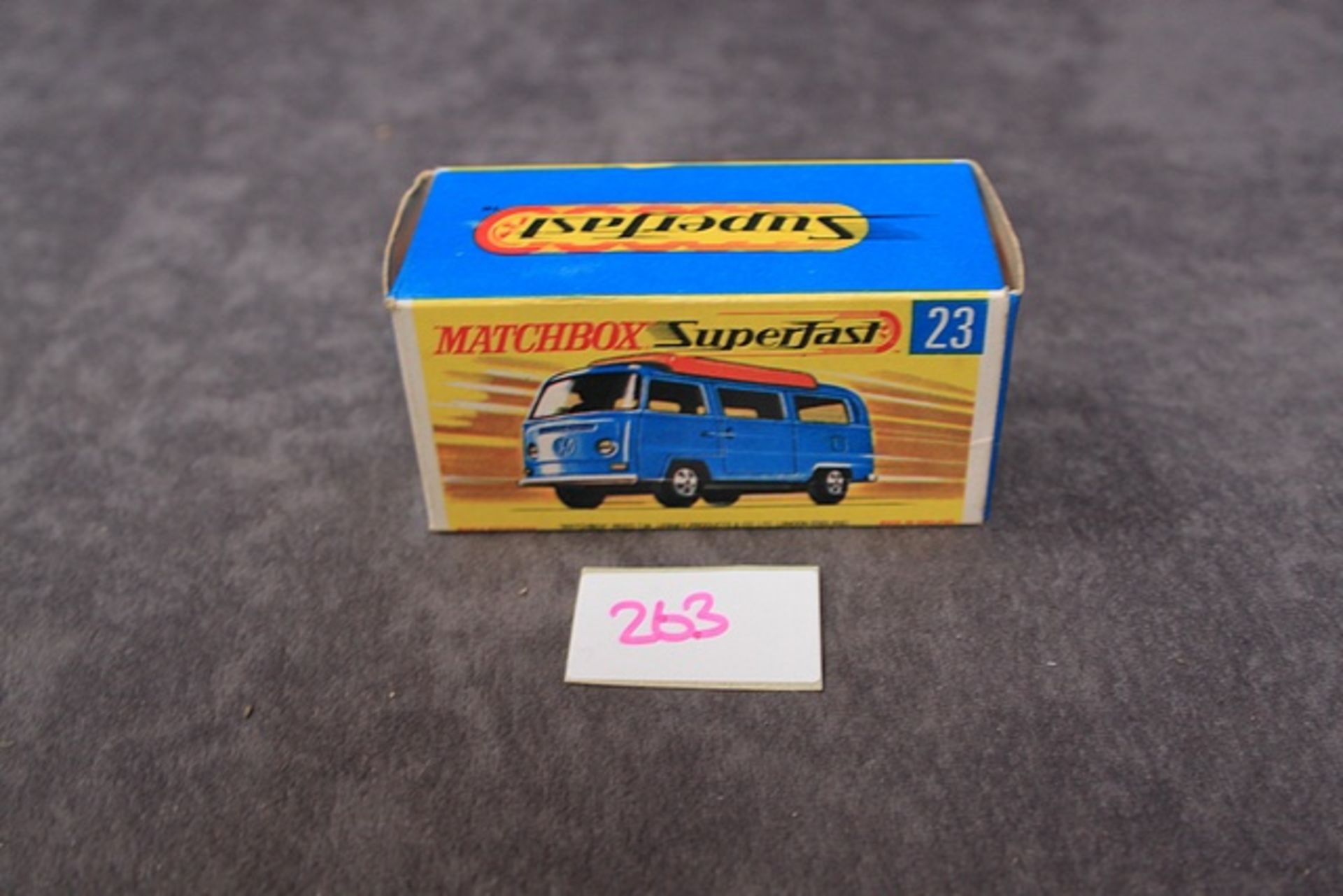 RARE Mint Matchbox Superfast Diecast # 23 Volkswagen Camper In Blue With Orange Interior With Filler - Image 3 of 3