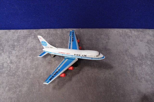 T.T. Toy company tin friction powered Pan Am boeing 747 Jumbo Jet airplane made in Japan complete
