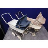 2x Vintage Metal Dolls Pram - White And With A Patterned Hood & White With A Rose And A Blue Hood