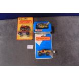 3x Matchbox Pick Up Trucks, Comprising Of; No 63 Mint Openback Truck Gelandewagen On Opened Card, No