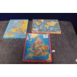 3x Assorted Victory Plywood Map Jigsaw Puzzles Comprising Of England & Wales, Europe, The World