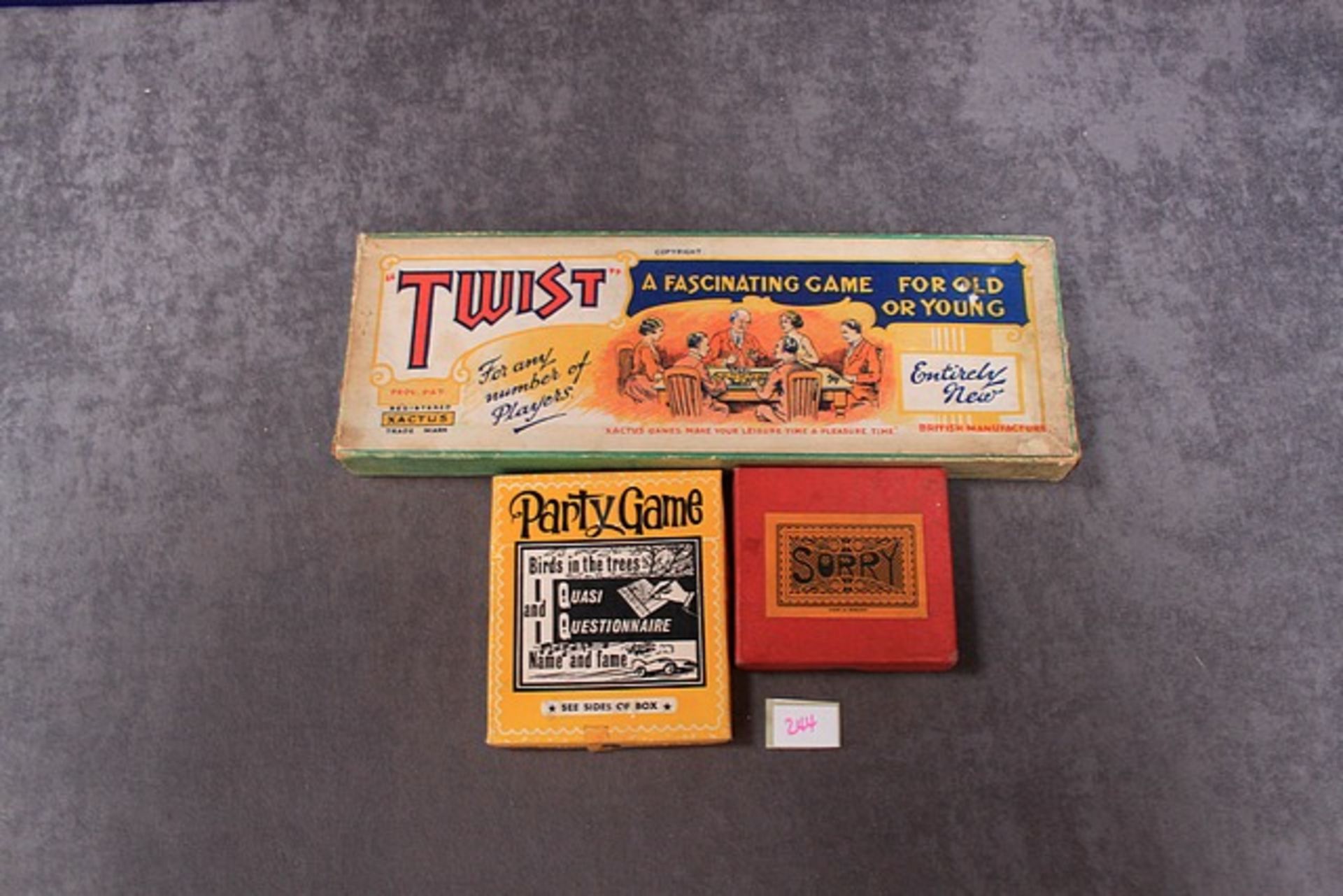 3x boxed games comprising of; Party Game Name & Fame No 80, Sorry & Twist (Twist is very old & in a