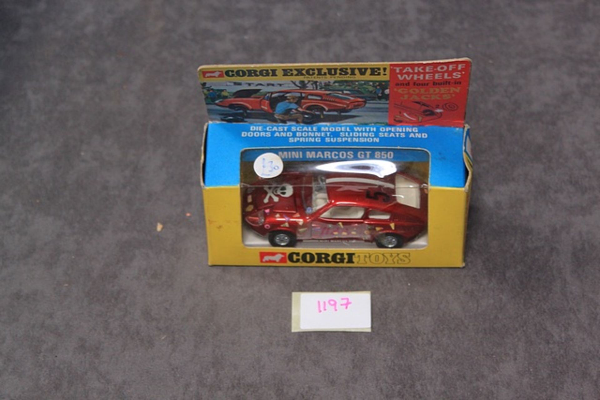 Corgi Toys diecast number341 Mini Marcos GT 850 with take off wheels and four buit in Golden Jacks - Image 2 of 2