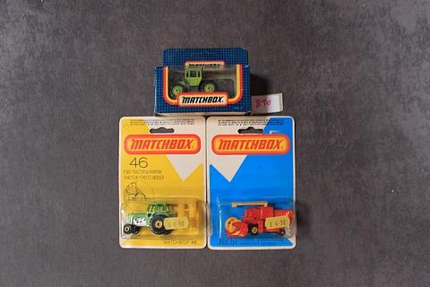 3x Matchbox Agriculteral Vehicles, Comprising Of; No 27 Tractor In Opened Box, No 46 Ford