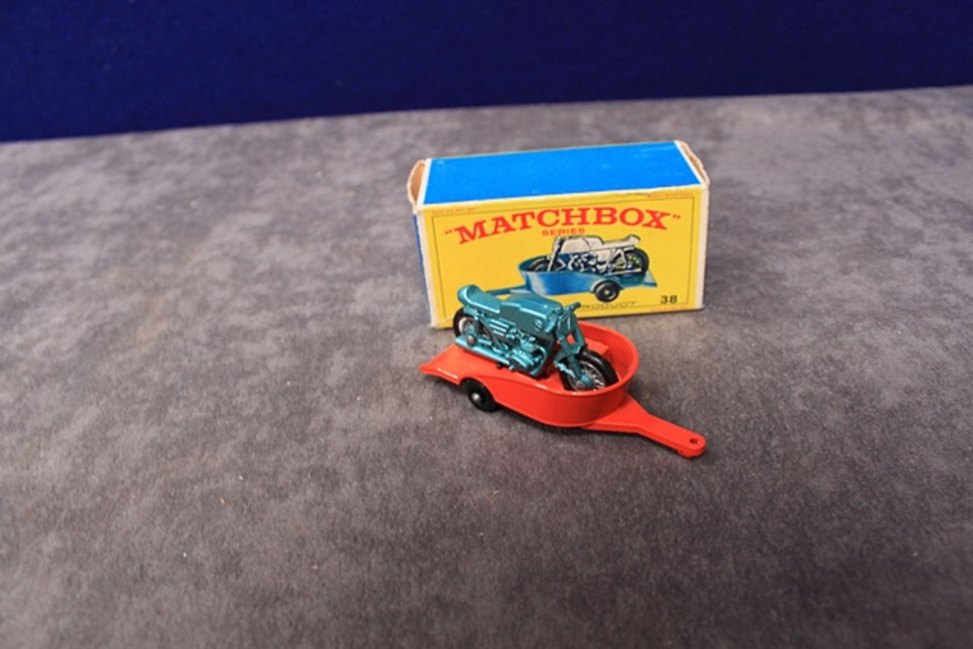 Mint Matchbox A Lesney Product #38 Honda Motor Cycles & Trailer no decals, orange trailer in a nr