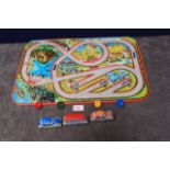 Tin Road track with 2 x wind up cars and a bus