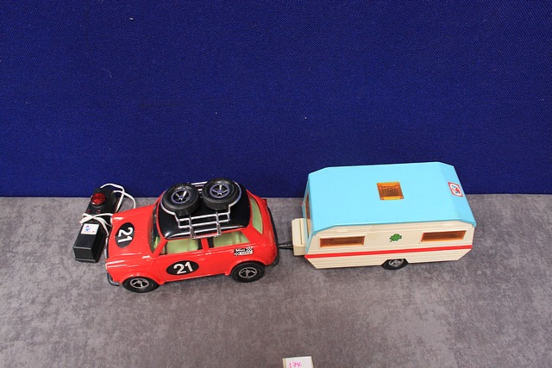 Vintage Rare Greek Mr P. Mini Cooper With Caravan Battery Operated Made In Greece In Box