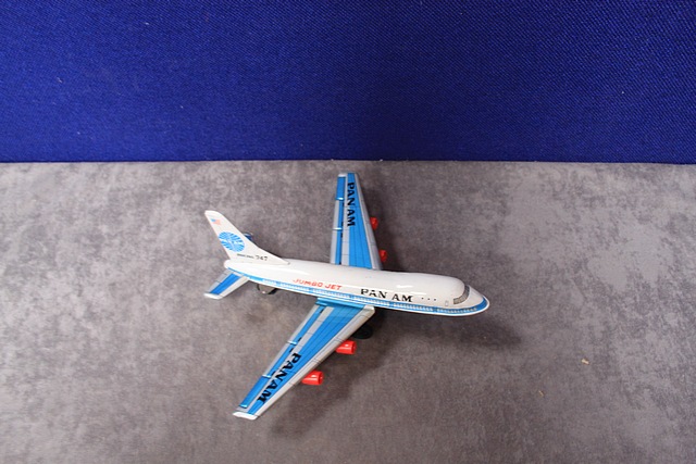 T.T. Toy company tin friction powered Pan Am boeing 747 Jumbo Jet airplane made in Japan complete