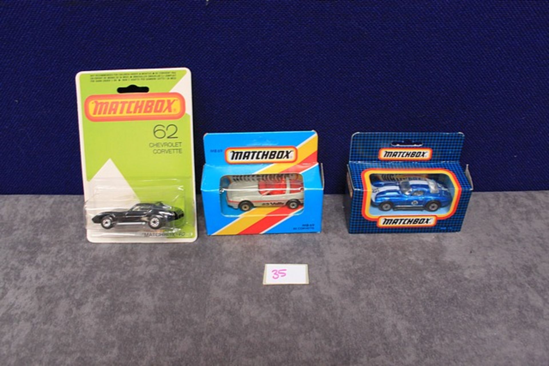 3x Matchbox Diecast Corvettes Comprising Of; Number 62 Chevrolet Corvette With Silver Base On