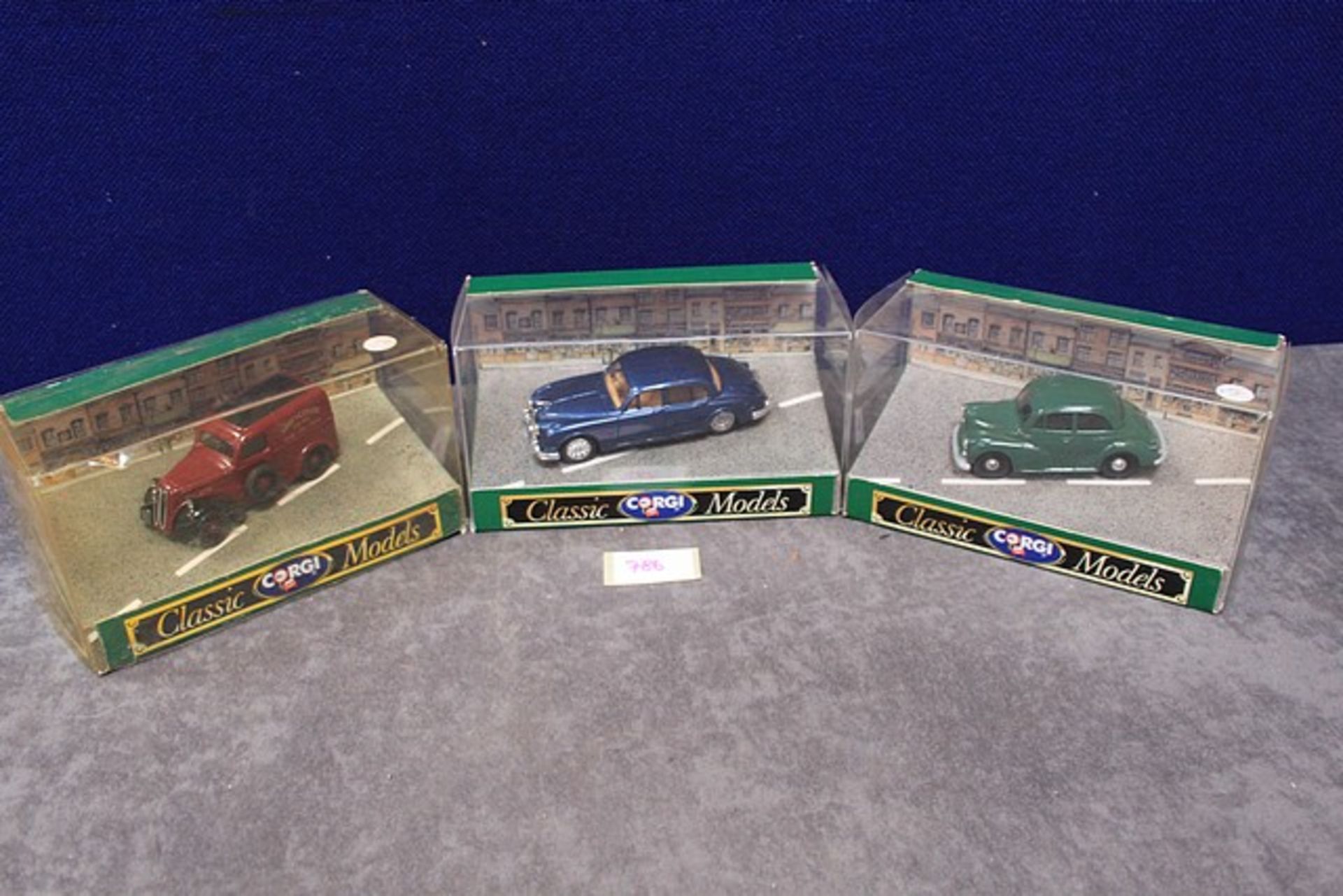 3x Corgi Classic Models Diecast Cars, Comprising Of; D980 Ford Popular Van, D702 Morris Minor