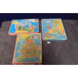 3x Assorted Victory Plywood Map Jigsaw Puzzles Comprising Of England & Wales, Europe, Canada