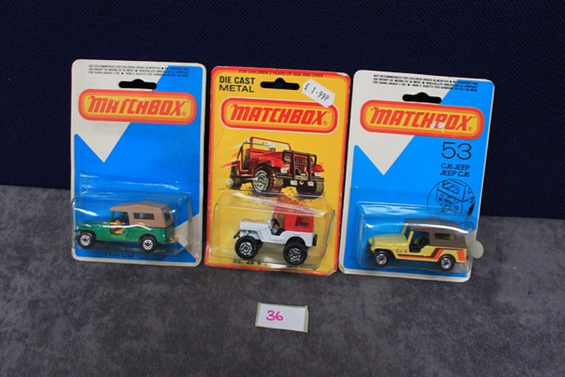 3x Matchbox Diecast Jeeps All On Cards Comprising Of; Number 53 CJ6 Metallic Green, Number 53 CJ6