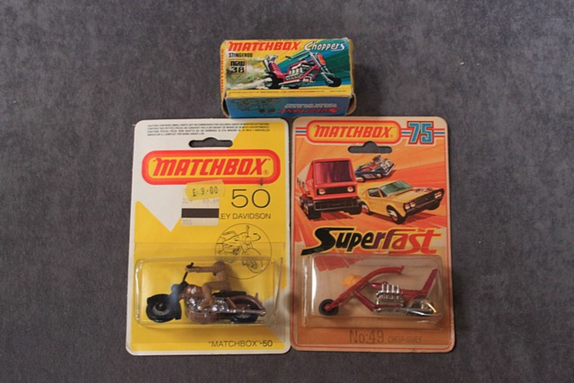 3x Matchbox Diecast Motorcycles Comprising Of; Matchbox 75 Number 49 Chop-Suey On Card, Number 50