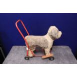 Vintage Child's Walker Furry Dog On Wheels With Push Handles From The 1960s