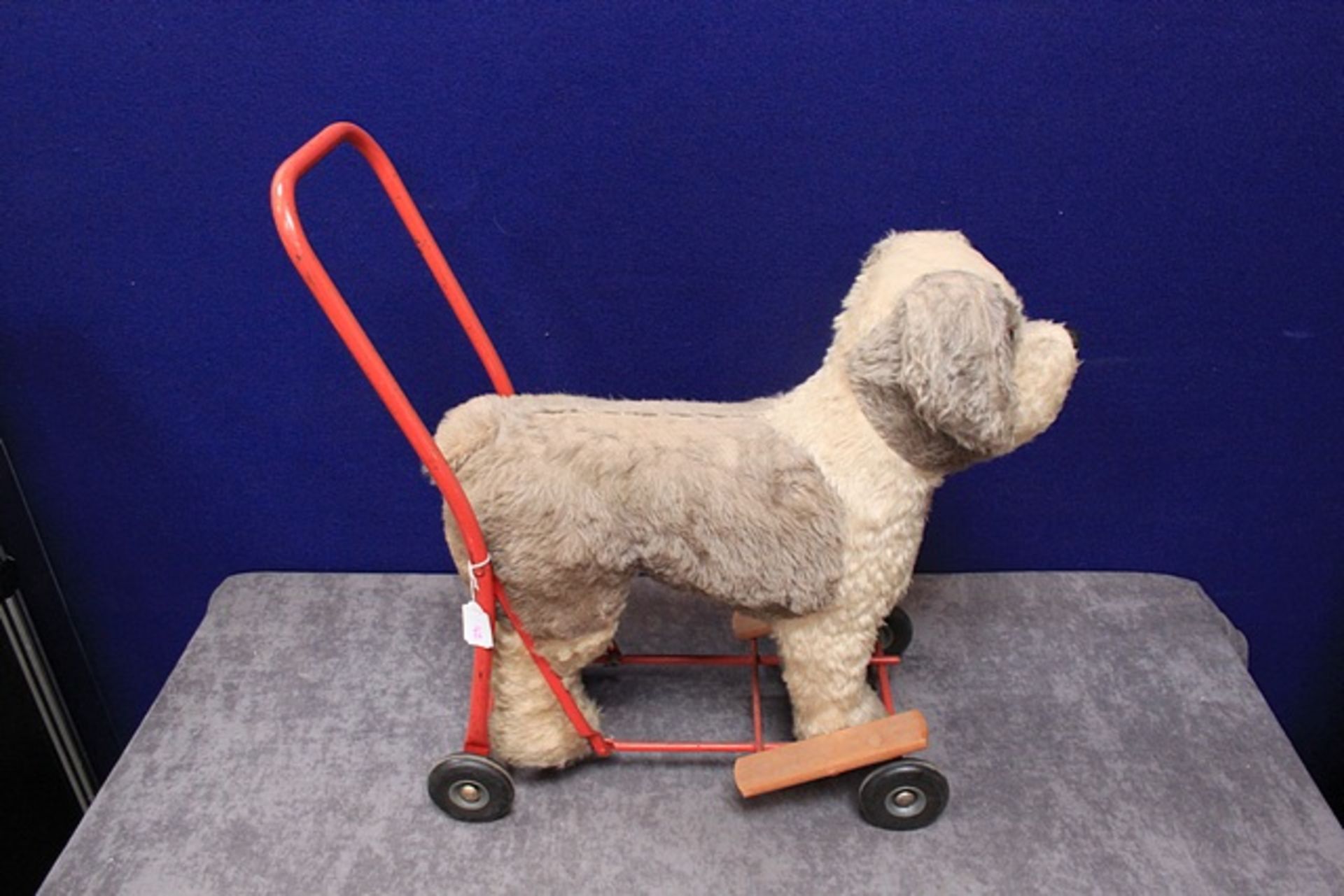Vintage Child's Walker Furry Dog On Wheels With Push Handles From The 1960s