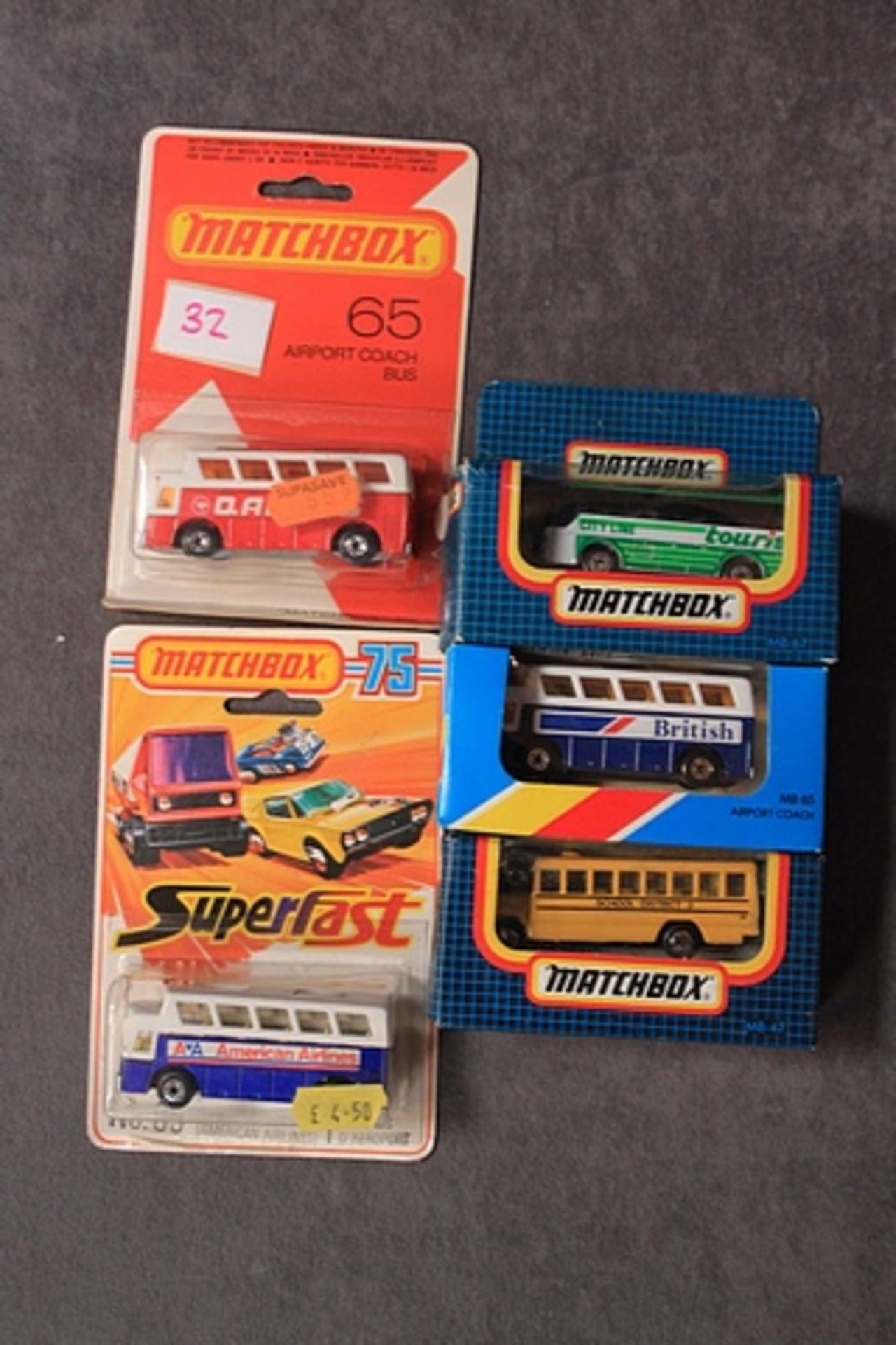 5x Matchbox Diecast Vehicles Comprising Of; Number 65 Qantas Airport Coach Bus On Card , Number 65