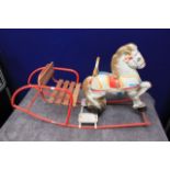 Vintage 1950s Mobo Rocking Chair Horse With Painted Pressed Tin Horse On Tubular Steel Frame