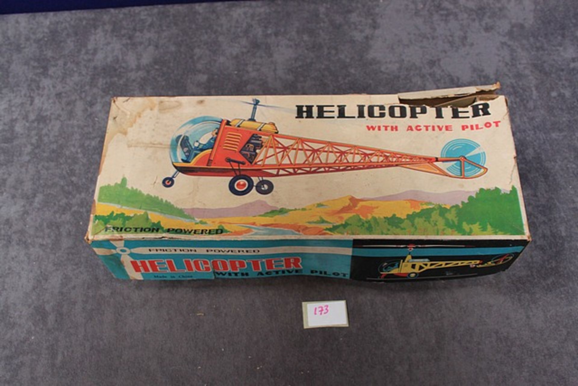 Vintage Red China MF 110 Tin Litho Friction Helicopter With Active Pilot With Box - Image 3 of 3