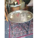Moroccan Silver Tray Table Polished Nickel Top Mounted On Iron Matt Frame 50 X 50 X 40cm