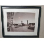 Fine art photography featuring London skyline Parliament and The London Eye in matt black frame