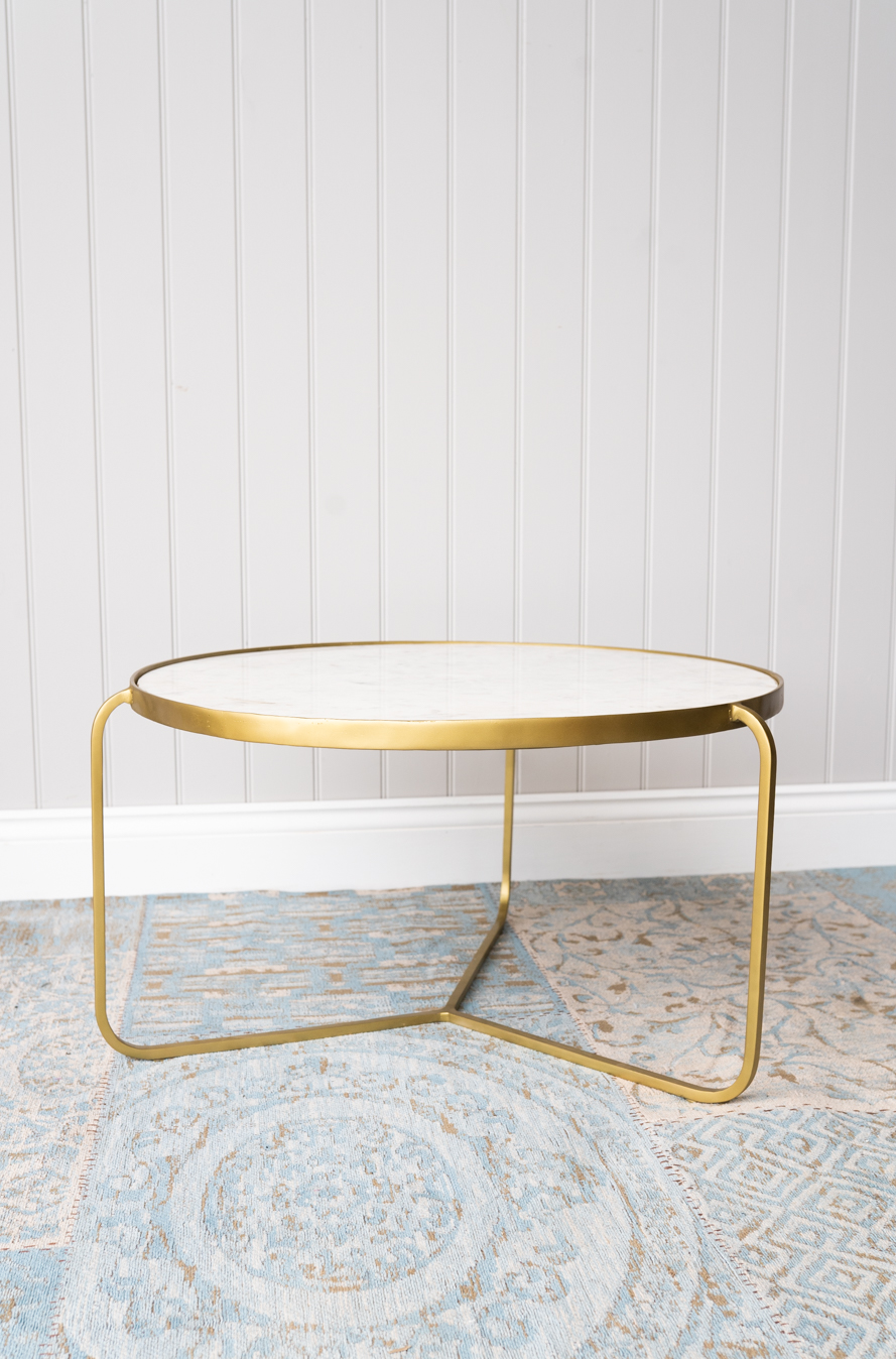 Round Coffee Table - White and Brass: A stunning three legged brass finish coffee table.