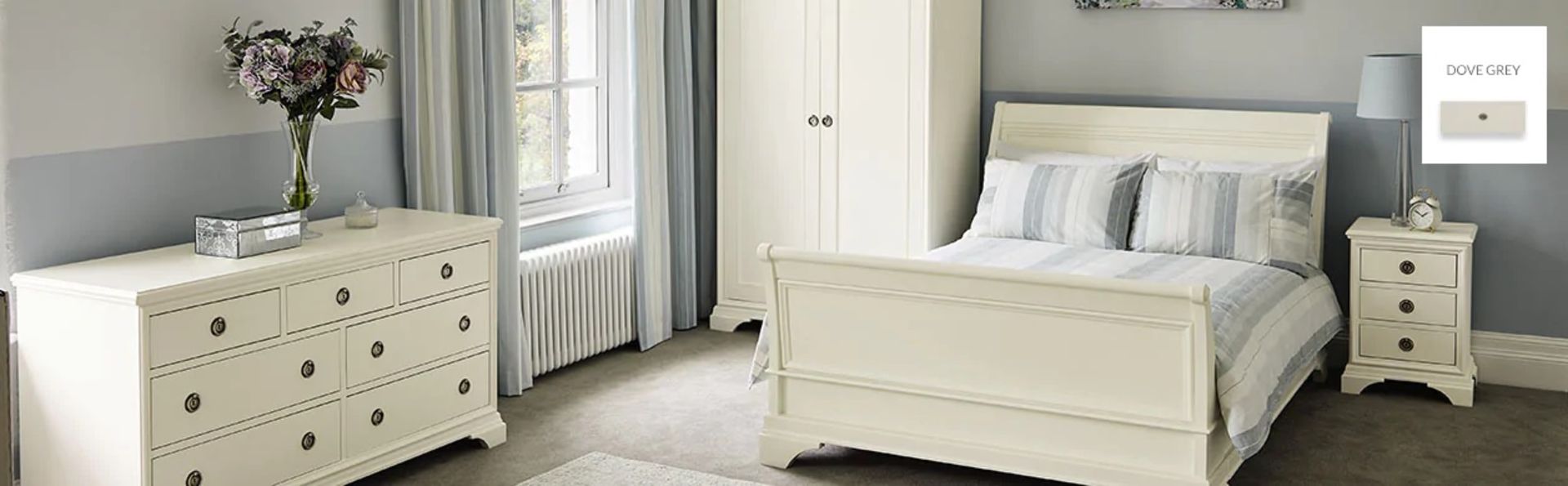 Gabrielle Dove Grey 3+4 Drawer Chest boasting classic French design with a hand brushed, dove grey