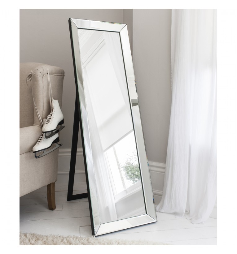 Luna Cheval 1550x480mm Timeless angled mirror framed cheval with black frame and kick stand.