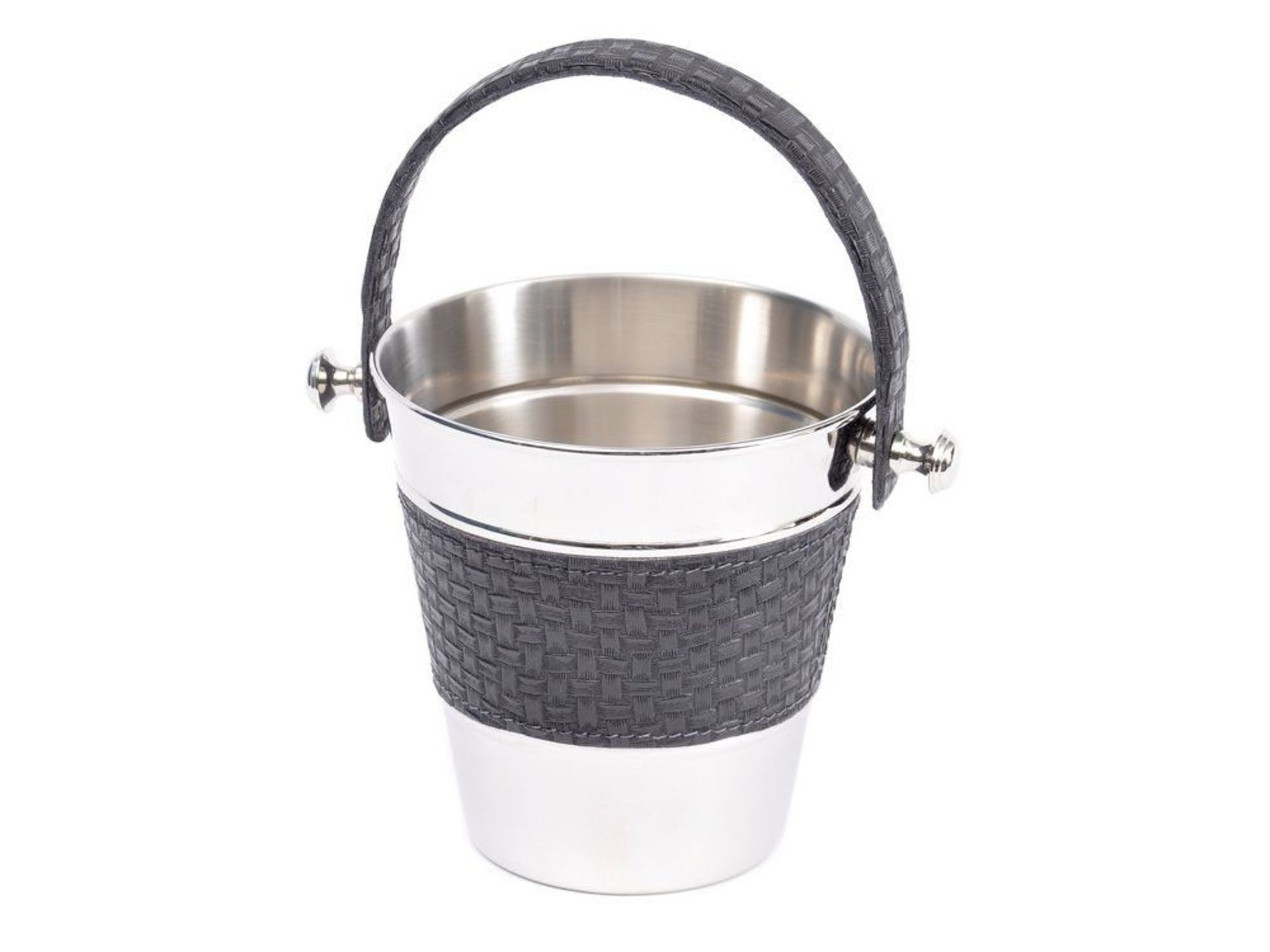 Stainless steel ice bucket with contrasting woven black leather detailing and handle 19 x 14.5 x