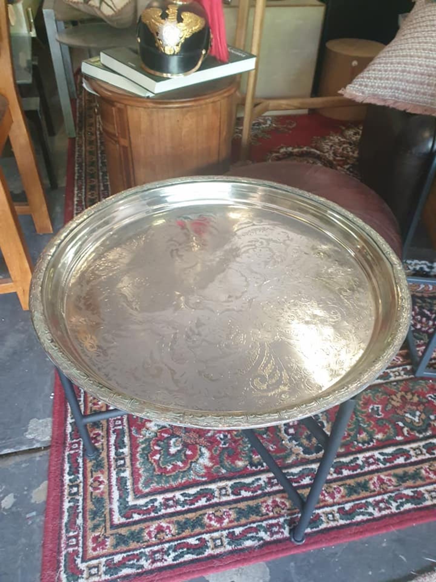 Moroccan Silver Tray Table Polished Nickel Top Mounted On Iron Matt Frame 50 X 50 X 40cm - Image 2 of 3