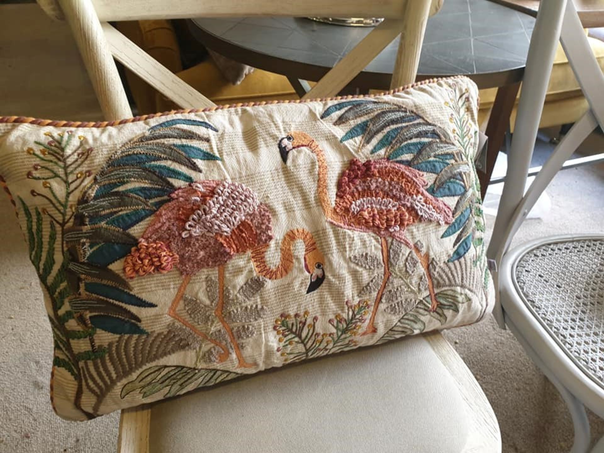 4 x Flamingos & Palm Feather Filled Cotton Cushion Embroidered Airy Neutrals Play Amongst Carved