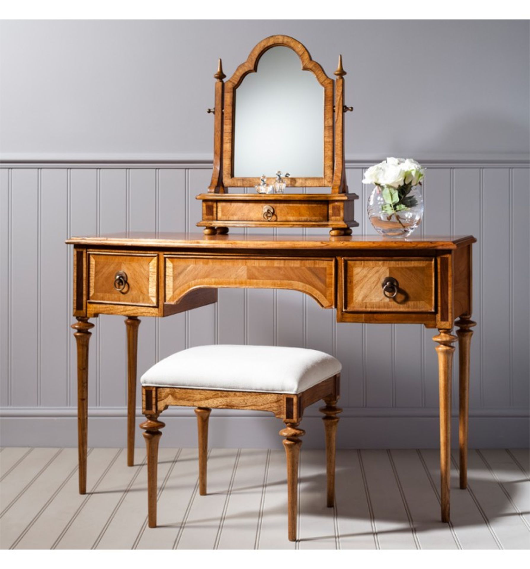 Spire Dressing Table Featuring beautiful marquetry of Blonde European Walnut with intricate inlays