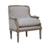 Linen Chair Featuring elegant curves and intricate carved detail, this tub chair is upholstered in a