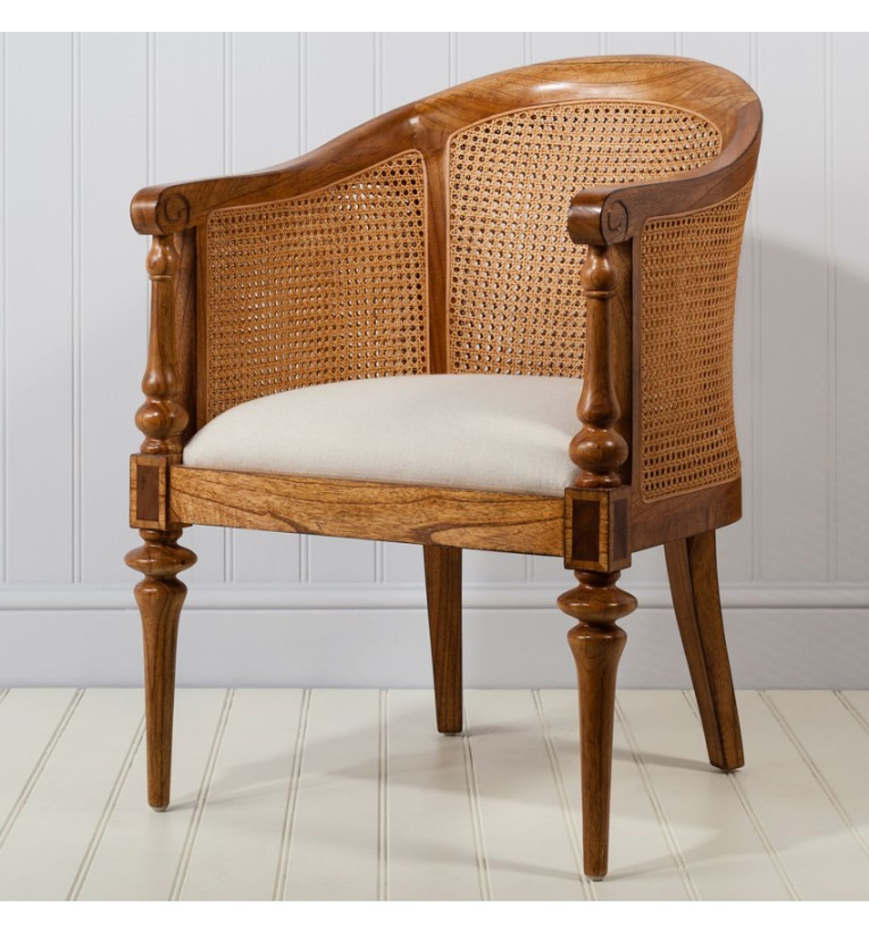 Spire Bedroom Chair Featuring beautiful marquetry of Blonde European Walnut with intricate inlays