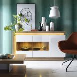 Riviera Three Door Glazed Sideboard - White/Oak including LED lighting). Three-door geometric