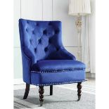 America Armchair Tufted Back Blue Velvet with front castors a stunning luxury accent chair 95.5cm