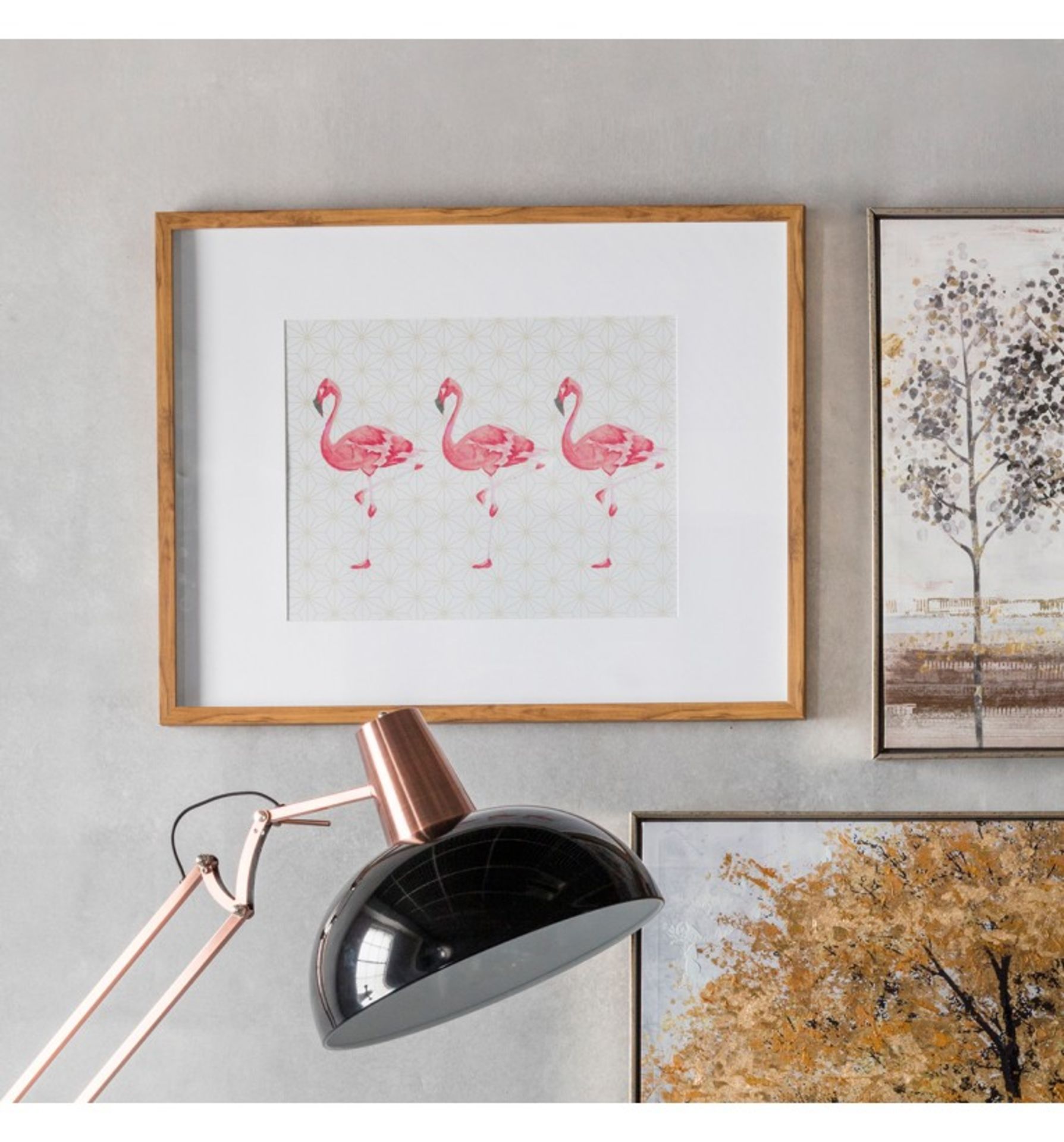 Flamingoes Crossing Framed Art A trio of tropical flamingoes on a geometric background with a faux