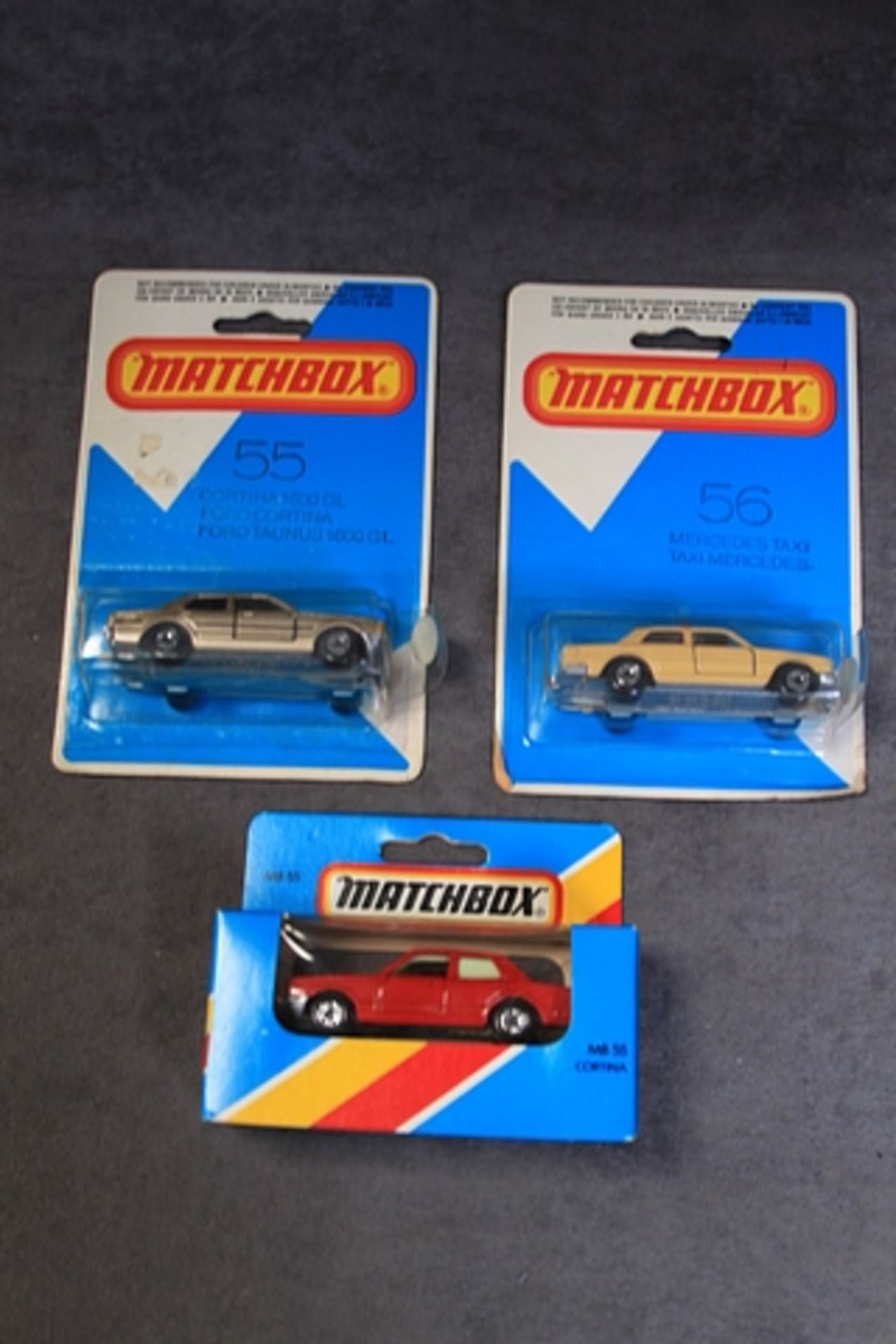 3 X Matchbox Diecast Models #56 MERCEDES TAXI Light Brown Mint On Open Card #55 Ford Cortina Rarer - Image 2 of 2