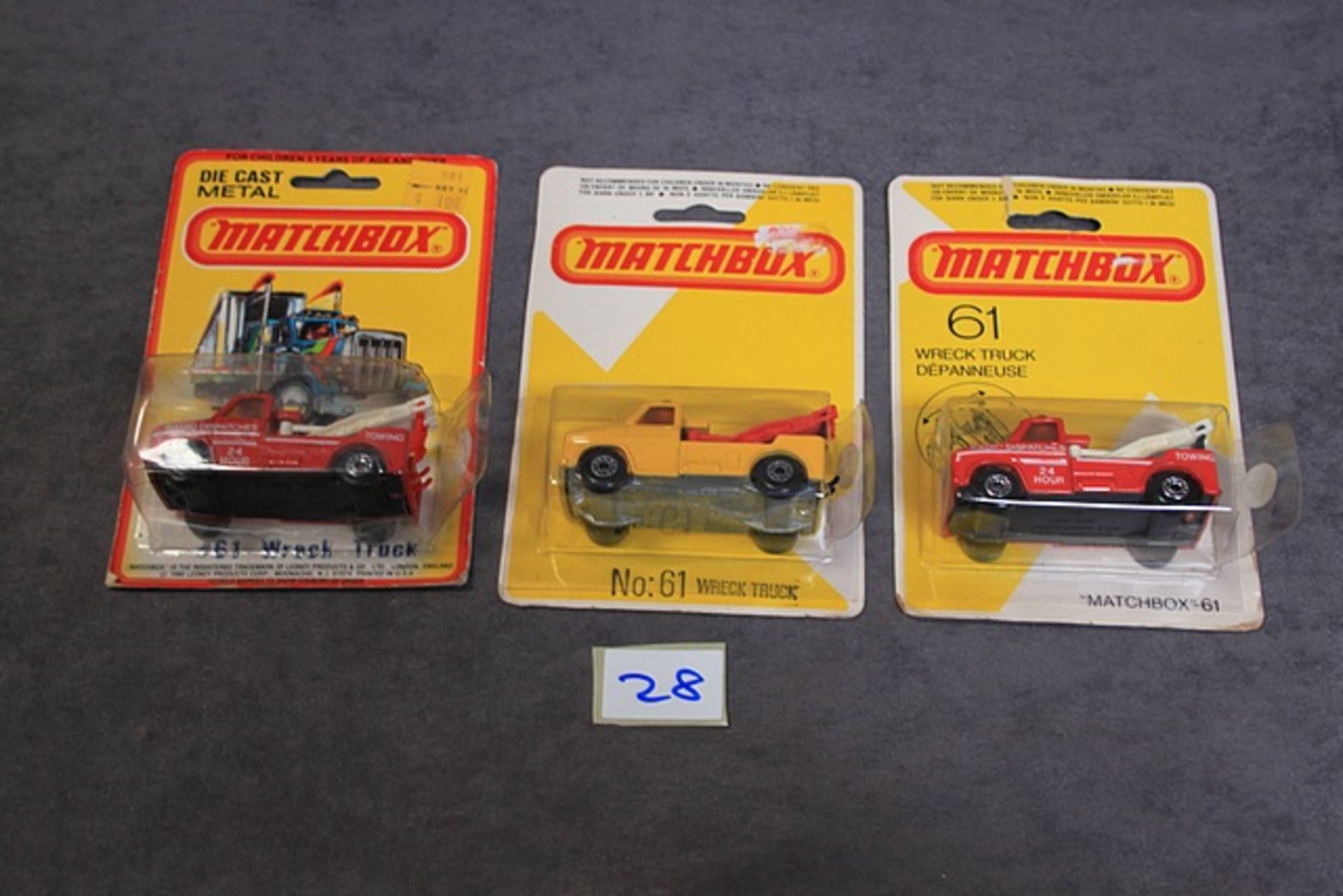 3 X Matchbox Diecast Models #61 1 X Red Body With Black Hook 1 X Red Body With Red Hook And 1 X Dark