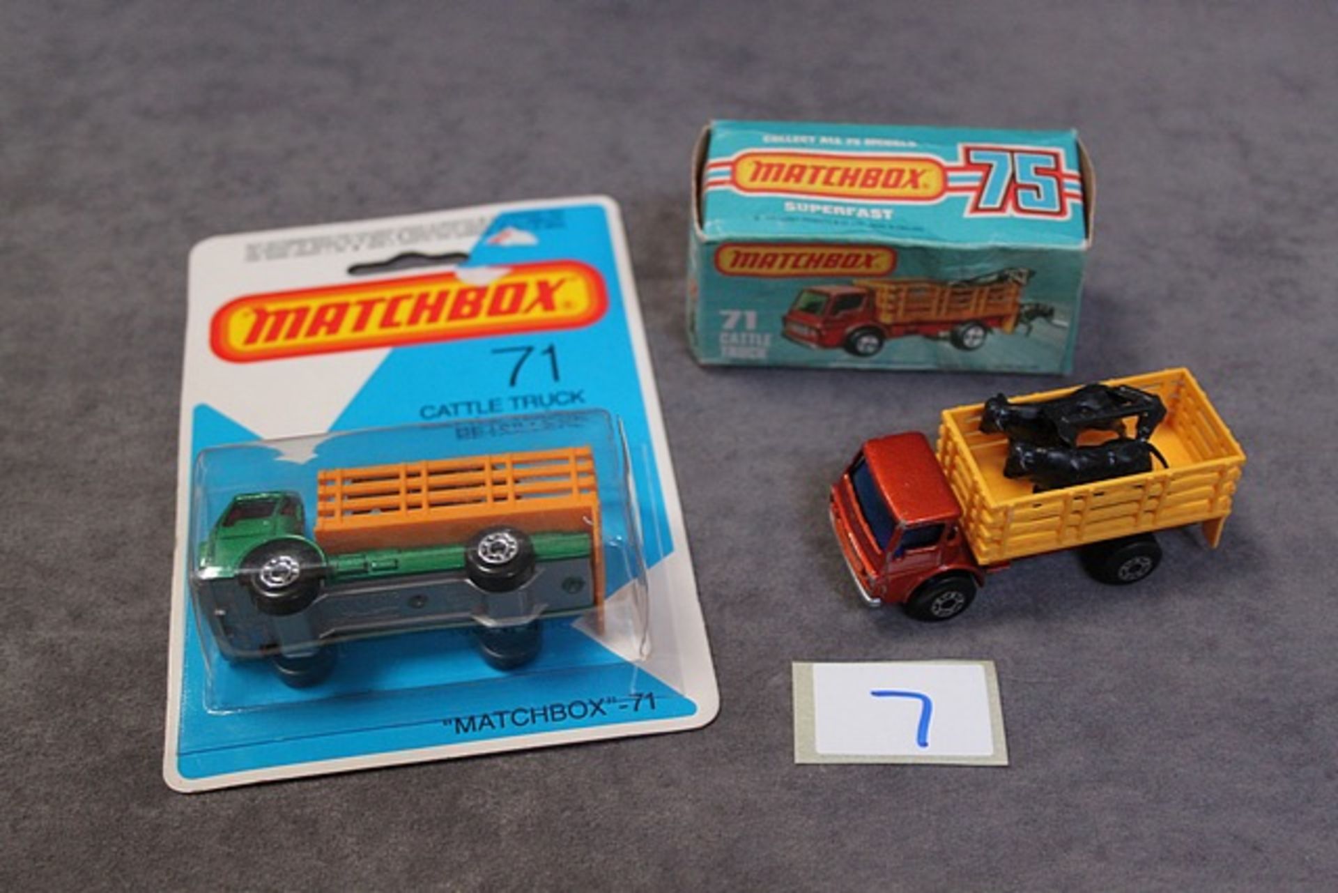 2 X Matchbox Diecast Models #71 Cattle Truck Two Different Versions Boxed Version Mint In Fair - Image 2 of 2