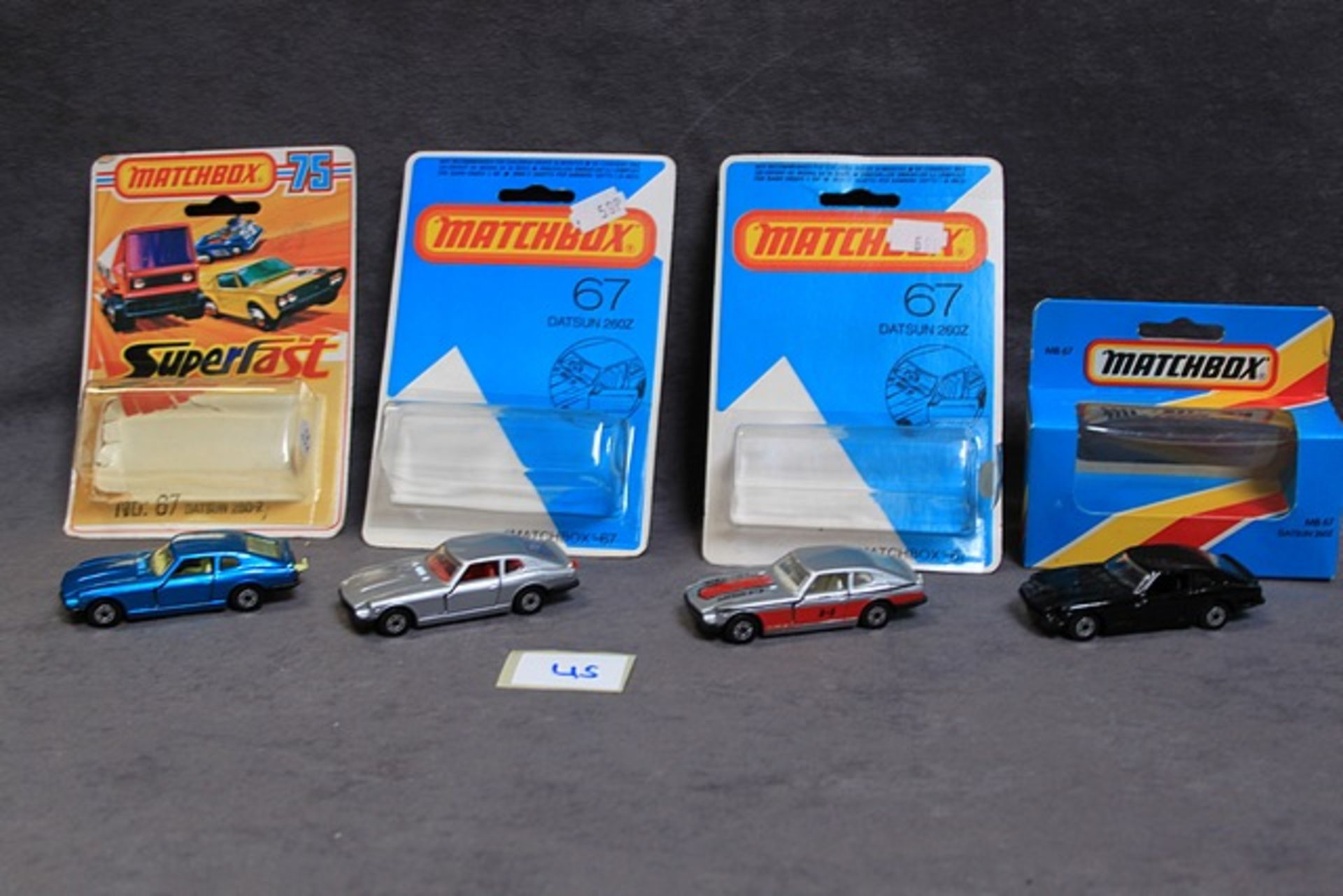 4 X Matchbox Diecast Models #67 Datsun 260Z Metallic Blue Mint Model On Open Card #67 Datsun 260z