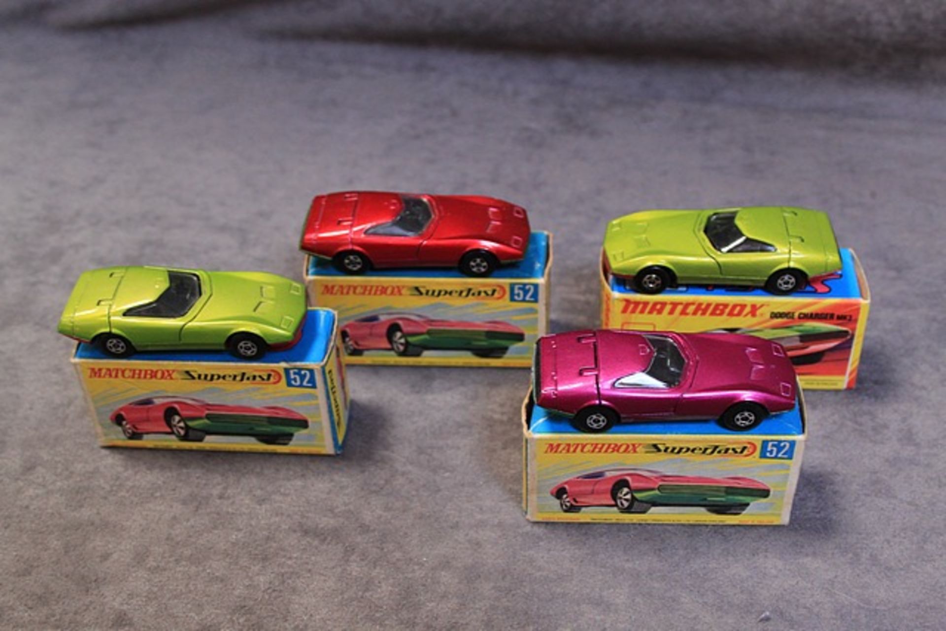 4 X Matchbox Superfast #52 Dodge Charger MIIi 2 X Lime Green, Burgundy, Purple All Mint Models In - Image 2 of 2